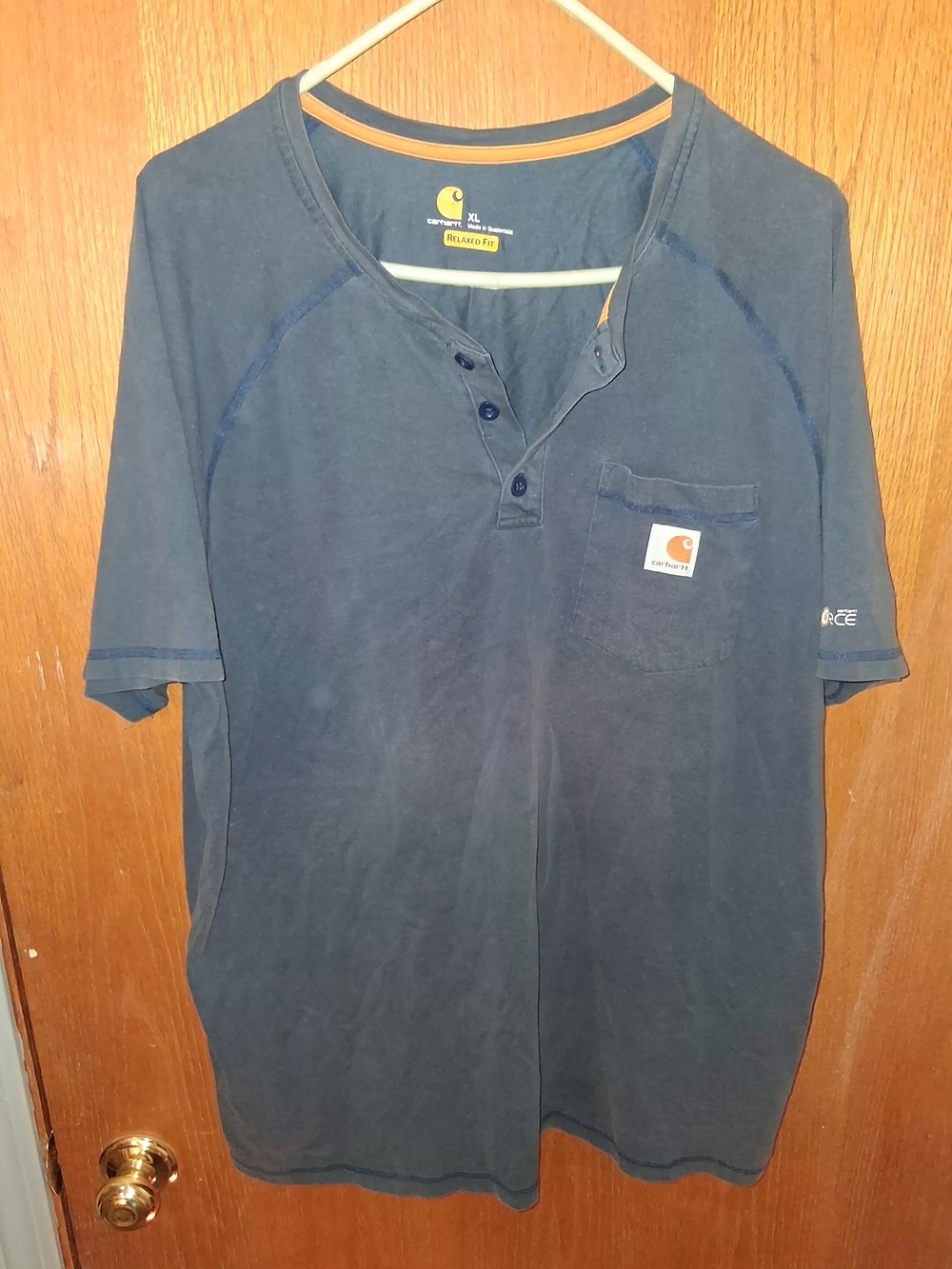 Carhartt Navy Short-Sleeve Henley with Chest Pocket and Contrast Trim